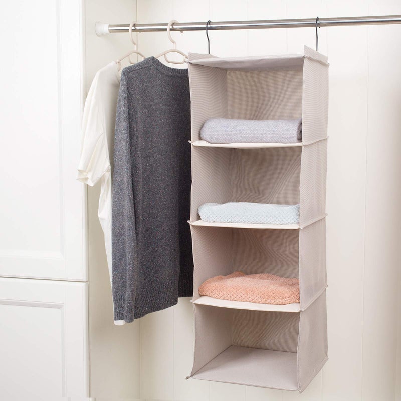 DonYeco Hanging Closet Organizer and Storage, Foldable 4-Shelf Wardrobe Clothes Shelves Organizer, Imitation Linen Fabric, Beige Houndstooth - Image 4